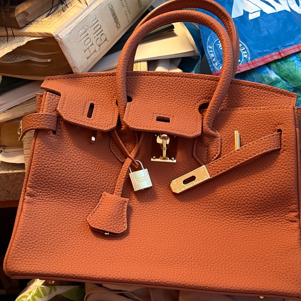 Designer-Inspired Orange Leather Tote Bag with Gold Hardware